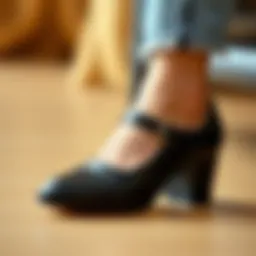 A close-up view of a stylish square toe Mary Jane shoe showcasing its unique design features.