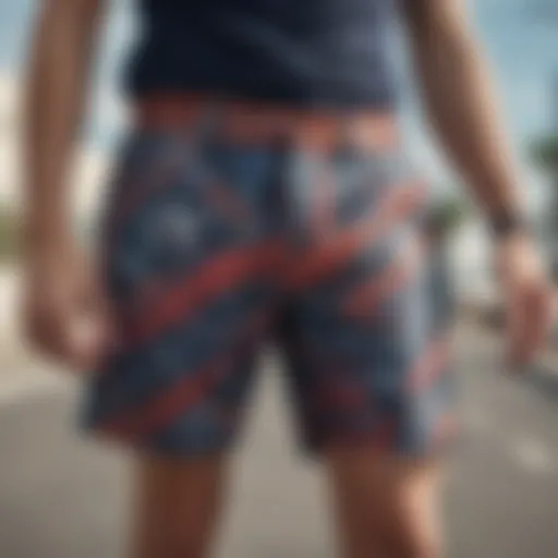 A stylish pair of skateboarding shorts with dynamic patterns.