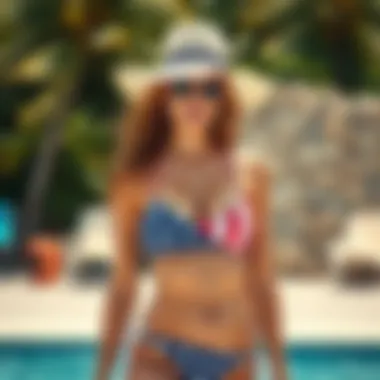 Stylish summer outfit featuring an American flag tankini paired with beach accessories