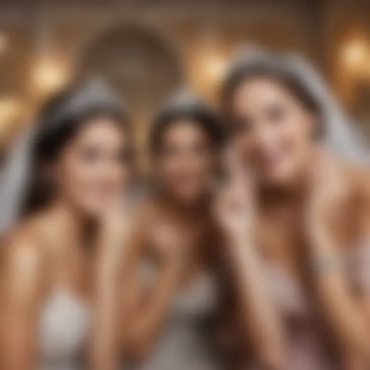 A group of friends joyfully celebrating while wearing tiaras with veils, highlighting unity and friendship.