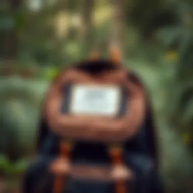 A backpack adorned with a stylish name tag at an outdoor setting