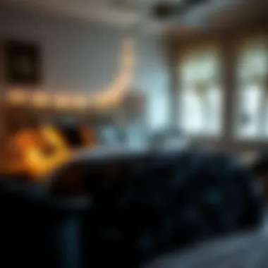 Cozy bedroom styled with a black roses comforter and soft lighting