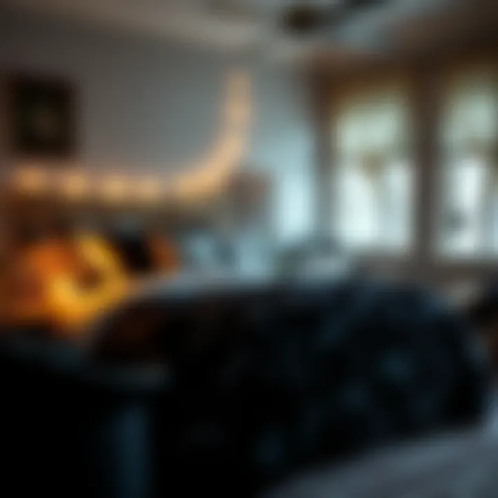 Cozy bedroom styled with a black roses comforter and soft lighting