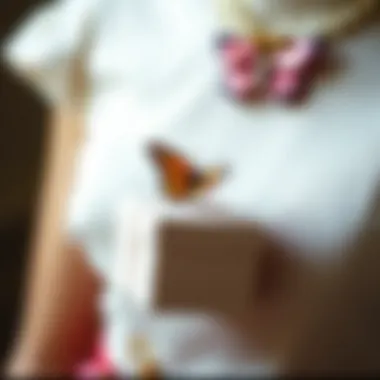 Close-up of a butterfly-themed accessory on clothing