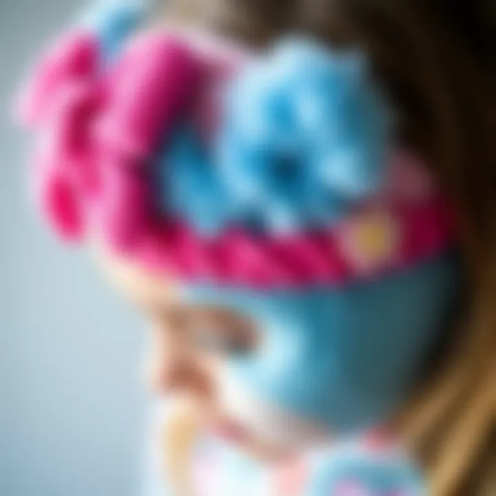 A close-up of a Care Bear headband showcasing intricate designs