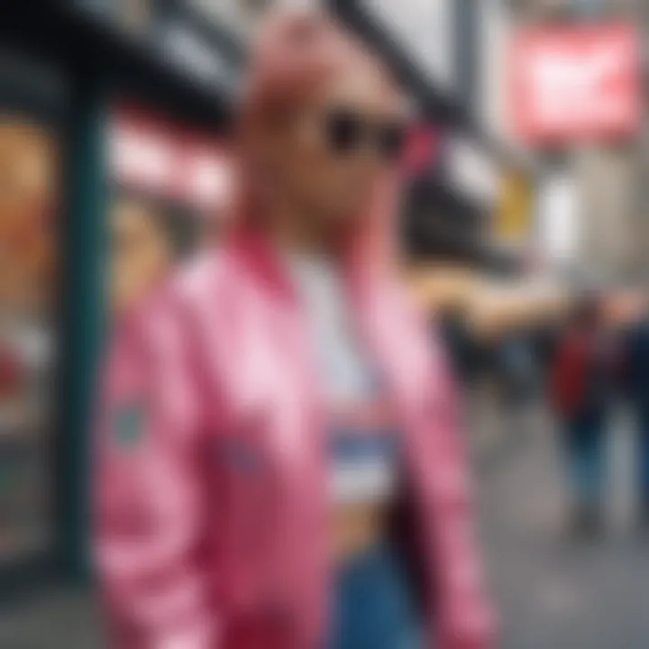 A vibrant street scene showcasing chic streetwear styles