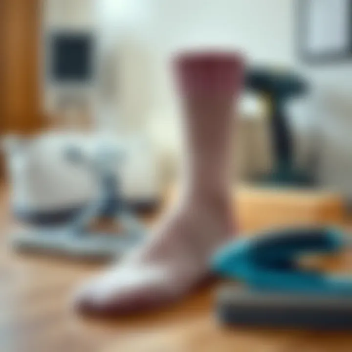 Socks being cared for next to hardwood floor maintenance tools