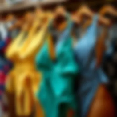 Diverse collection of halter wrap bathing suits in various colors and patterns