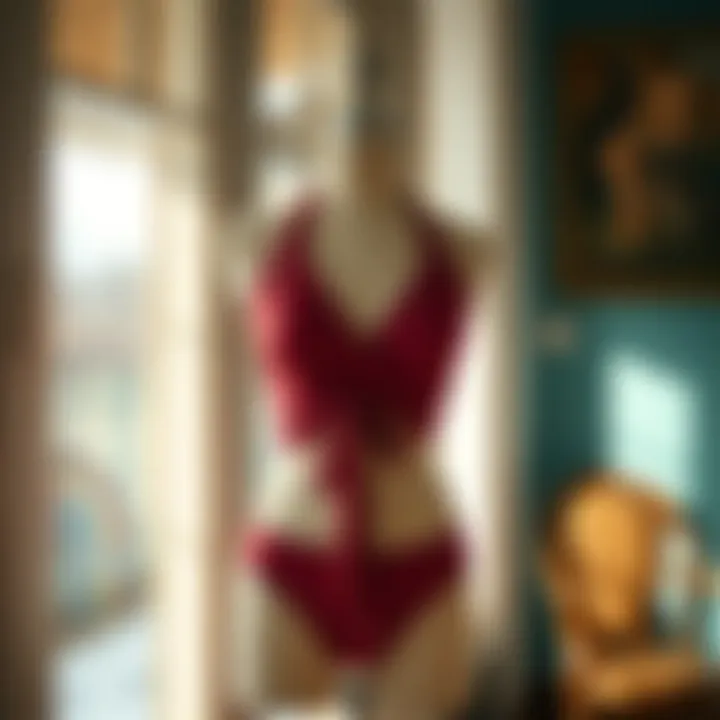 Elegant halter wrap bathing suit displayed on a vintage mannequin