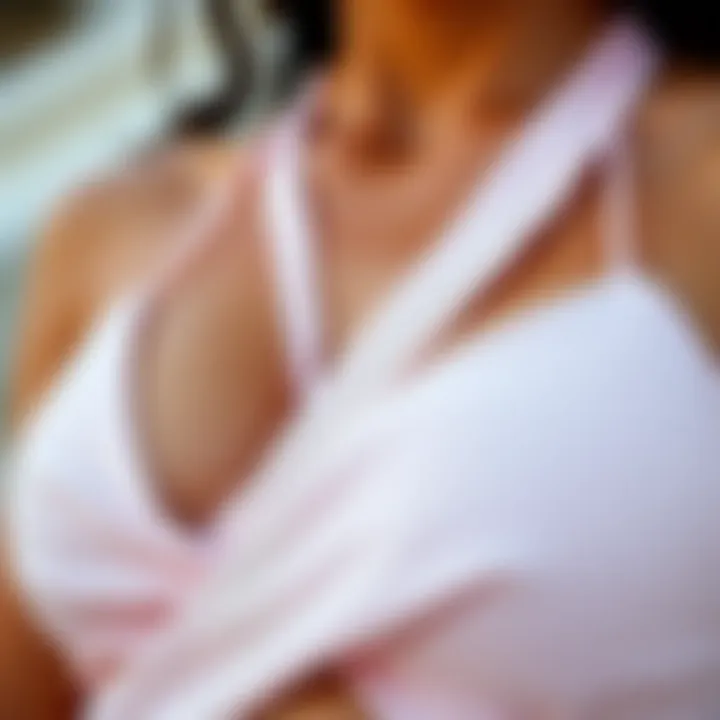 Close-up of fabric details and stitching on a halter wrap bathing suit