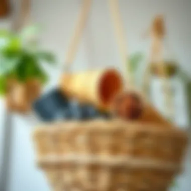 Close-up of a cone-shaped hanging basket showcasing various materials