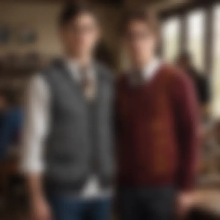 A collection of various Harry Potter sweater vests displayed in a cozy setting.