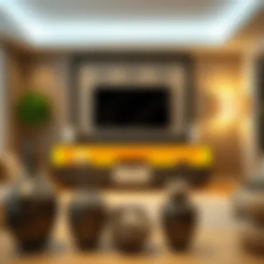 A modern living room featuring vases filled with decorative rocks