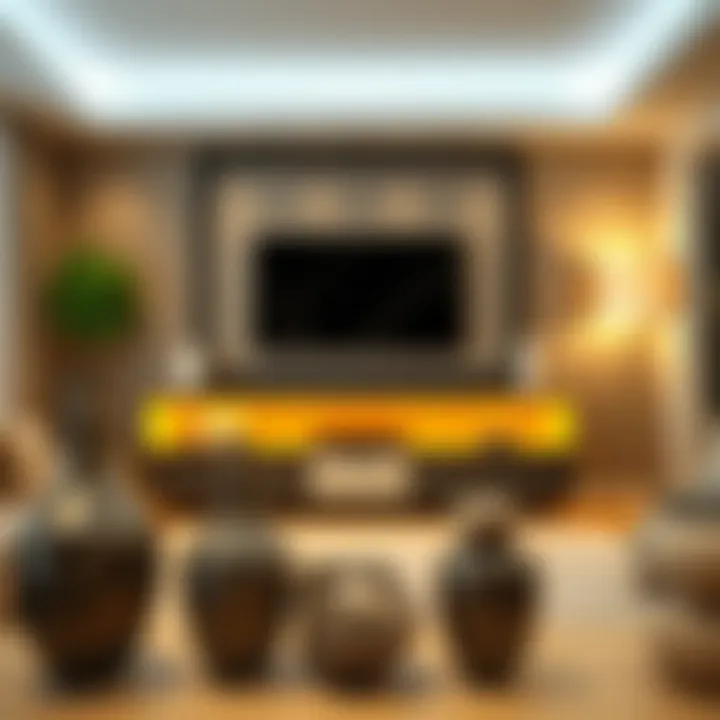 A modern living room featuring vases filled with decorative rocks