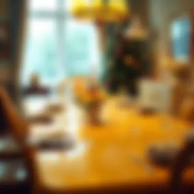 Festively Set Table with Yellow Vinyl A beautifully set dining table adorned with a yellow vinyl tablecloth for a festive occasion.