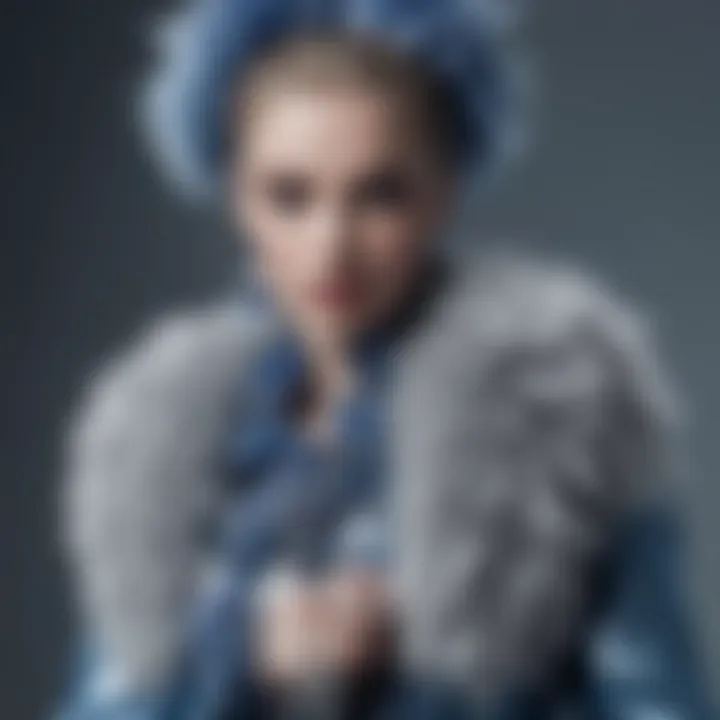 Fashionable outfit accentuated with silver and blue pom poms as statement pieces