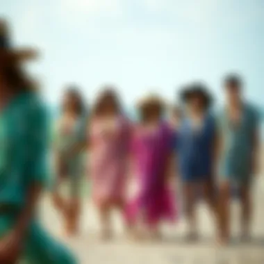 Outdoor scene showcasing people wearing stylish cover ups at a beach