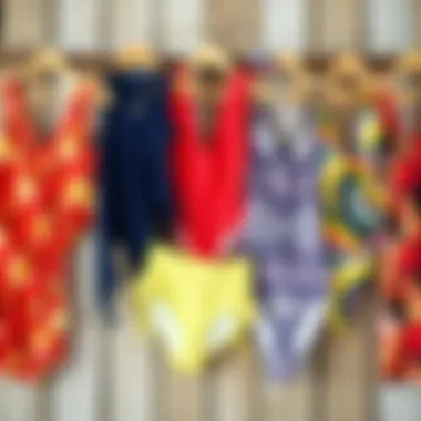 A selection of vibrant swim suit cover ups displayed on a rustic wooden background