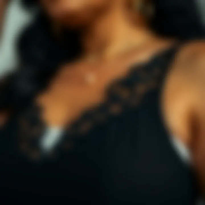 Intricate Lace Detailing of Black Camisole Close-up of the delicate lace detailing on a plus size black cami