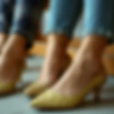 Versatile Styling with Gold Glitter Shoes Fashionable arrangement of gold glitter shoes styled with various outfits