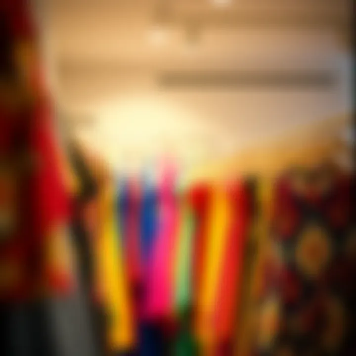 A vibrant display of colorful dresses hanging in a boutique.