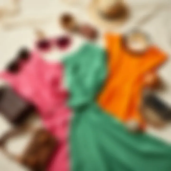 A beautifully styled flat lay featuring accessories paired with colorful dresses.