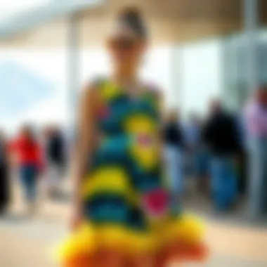 Fashionable individual wearing an eye-catching colorful dress at an outdoor event.