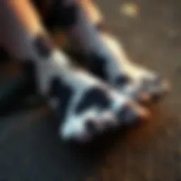 Close-up of cow print stockings on a textured surface