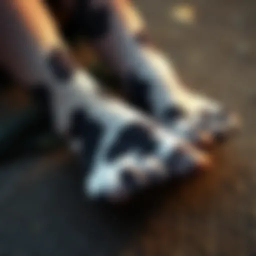 Close-up of cow print stockings on a textured surface