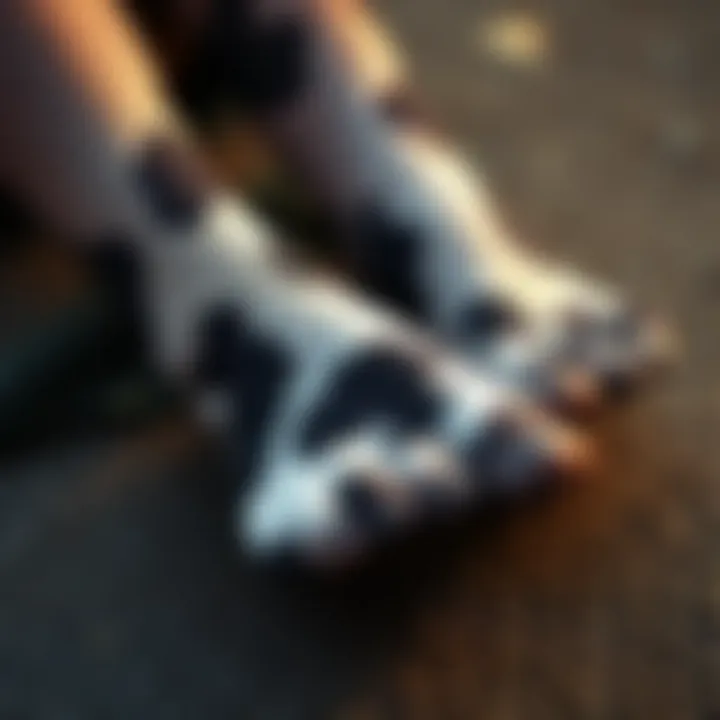 Close-up of cow print stockings on a textured surface