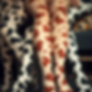 Various patterns of cow print stockings displayed together