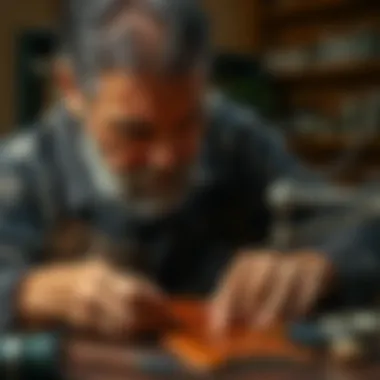 An artisan crafting leather bookmarks with attention to detail