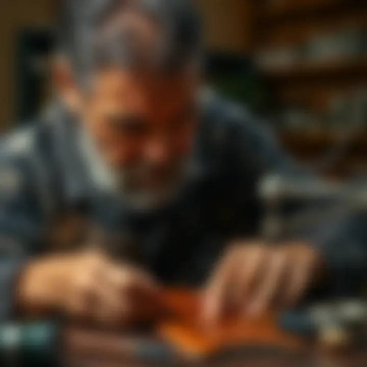 An artisan crafting leather bookmarks with attention to detail