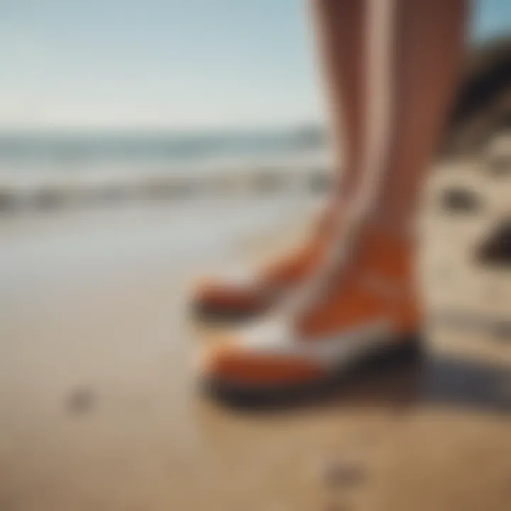 A stylish pair of designer water shoes showcased on a beach