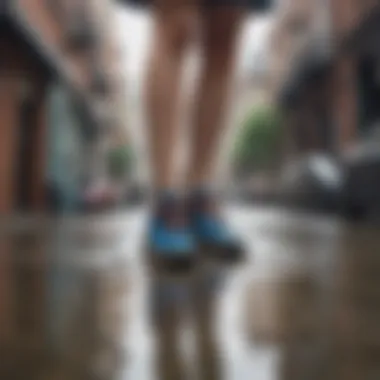 Integrating Water Shoes into Fashion A fashionably dressed individual wearing designer water shoes in a casual setting