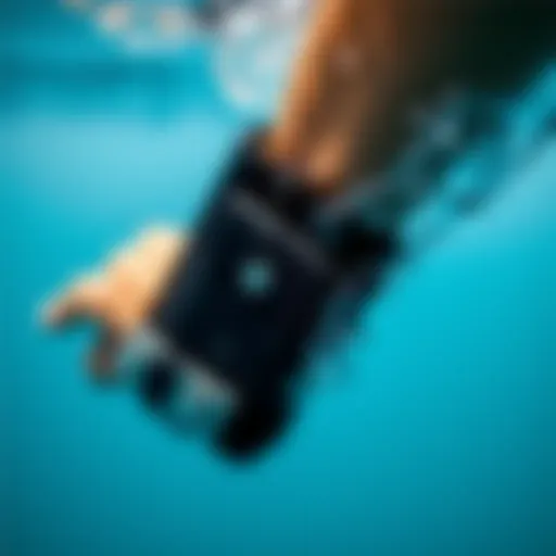 Close-up of a waterproof wrist wallet submerged in water