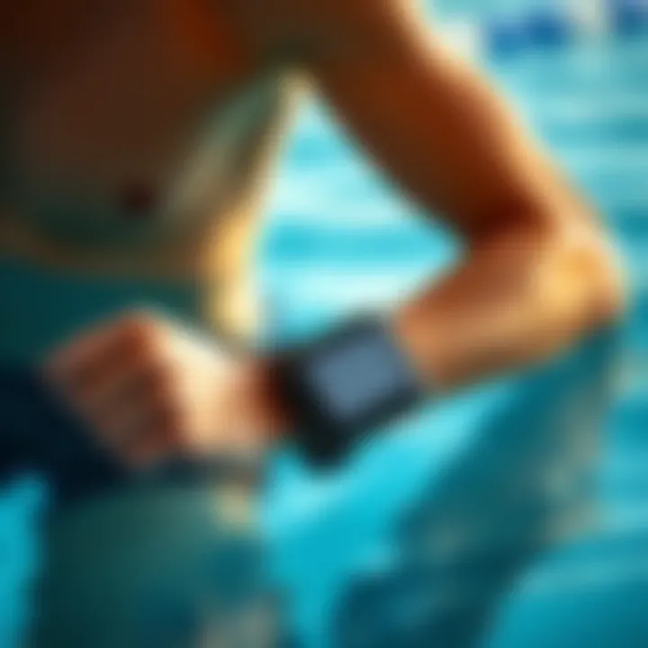 A swimmer using a waterproof wrist wallet during a training session
