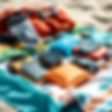 Variety of waterproof wrist wallets displayed on a beach towel