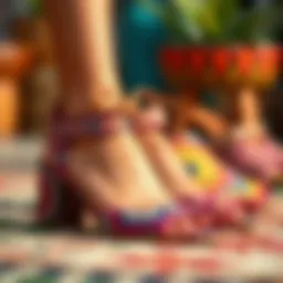 A vibrant display of ethnic print peep toe ankle strap sandals showcasing intricate patterns.