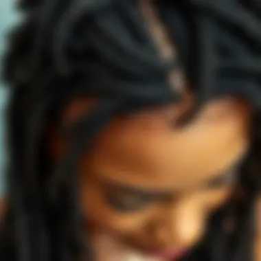 Close-up of the texture and details of a goddess locs lace front wig