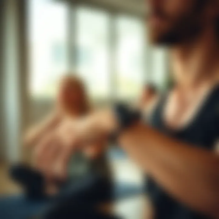 Stylish individual wearing a yoga bracelet during a yoga session