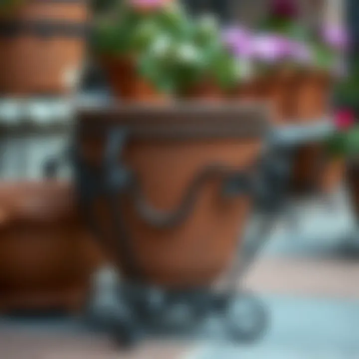 Close-up of a finely finished iron flower pot holder