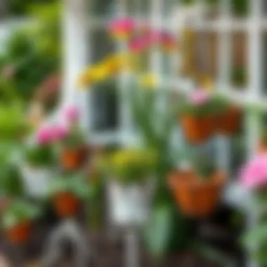 Various styles of iron flower pot holders in a garden setting