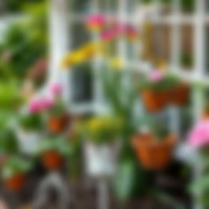 Various styles of iron flower pot holders in a garden setting
