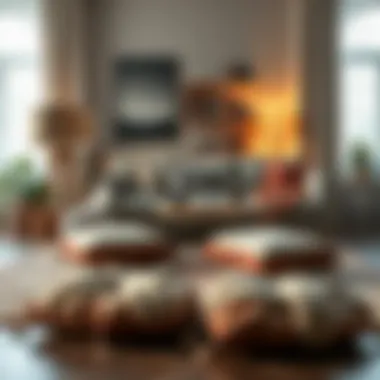 A cozy living space featuring various knot floor cushions for decoration