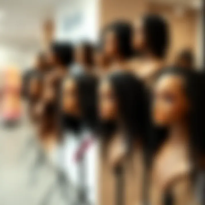 A stunning array of natural braid wigs displayed elegantly on a stand.