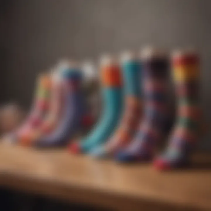 A vibrant array of party favor socks displayed creatively on a table.