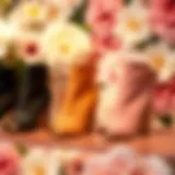 Elegant peep toe booties on display against floral background