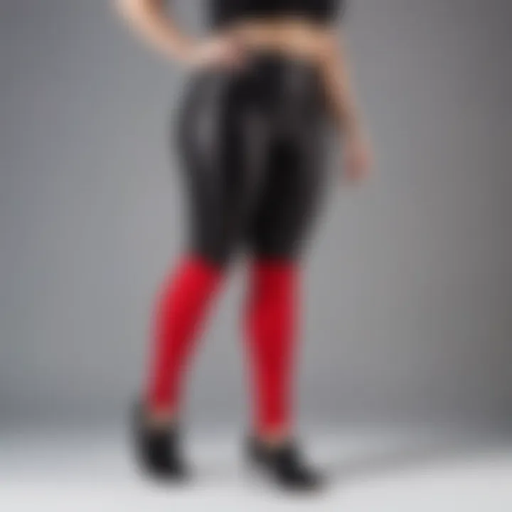 Close-up of fabric texture of plus size black and red leggings