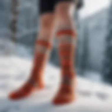 A stylish pair of self-heating socks displayed against a backdrop of winter scenery.